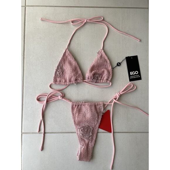 EGO Swim String Bikini Swimsuit Textured Floral Lined - Picture 2 of 7